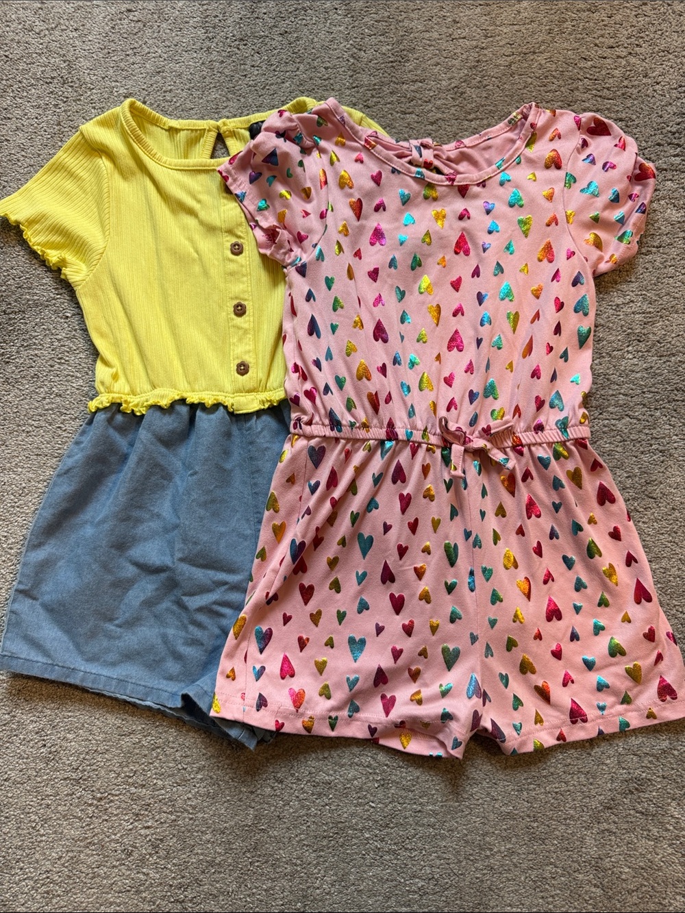 Girls' Pink Heart Print Romper  and Yellow Blue Romper Size 6X